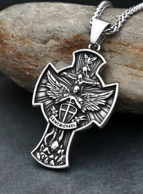 Vintage 316L Stainless Steel Saint Michael Pendant Necklace