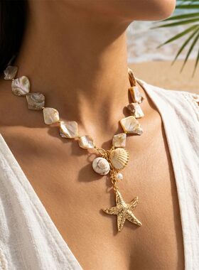 Boho Big Starfish Shell Conch Pendant Necklace for Women Cre