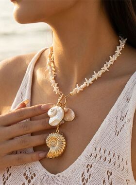 Boho Exaggerated Big Scallop Conch Shell Pendant Necklace fo