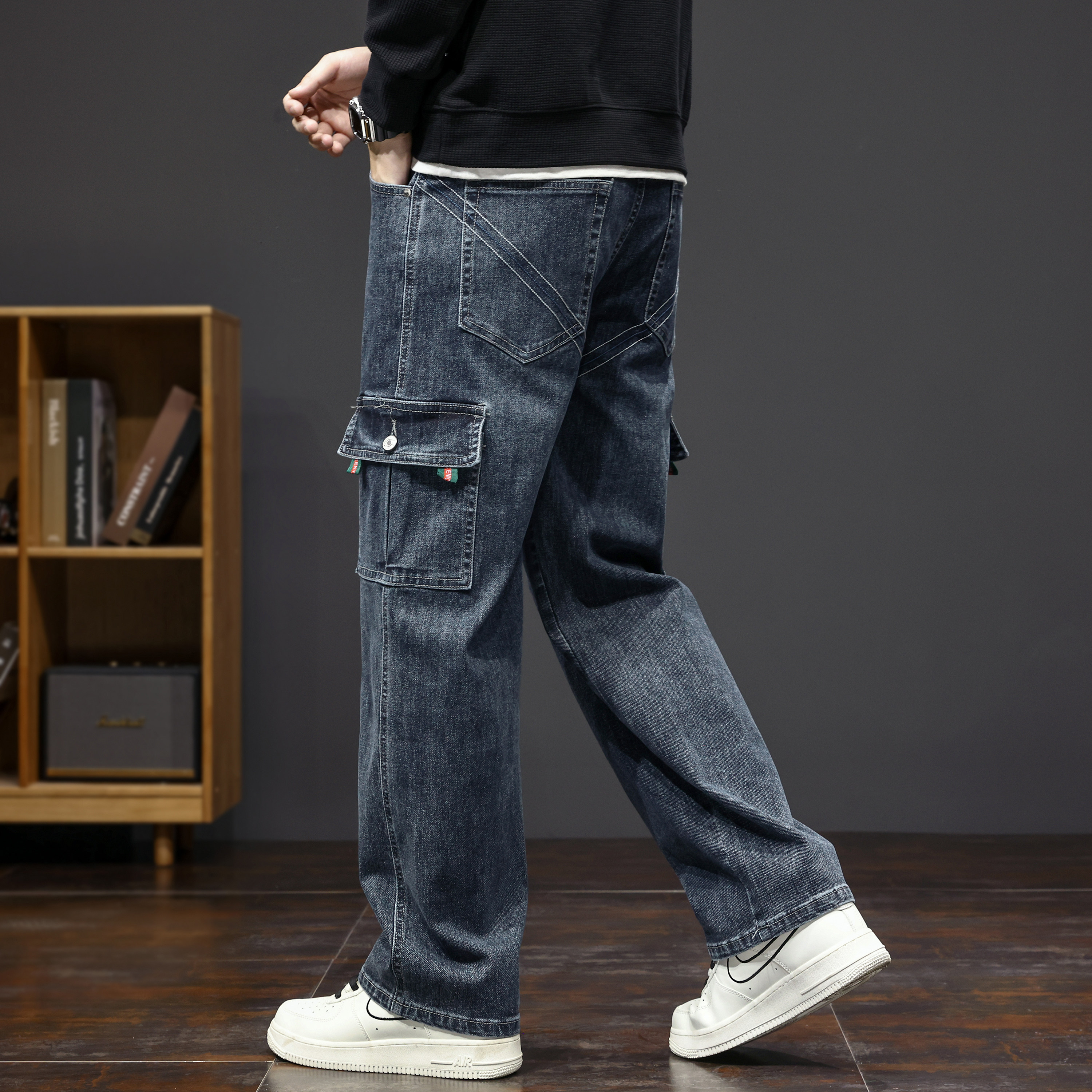 秋冬厚款工装牛仔裤男弹力宽松多口袋男士休闲直筒多兜大码阔腿裤,淘宝优惠券,粉丝福利购,淘宝优惠卷