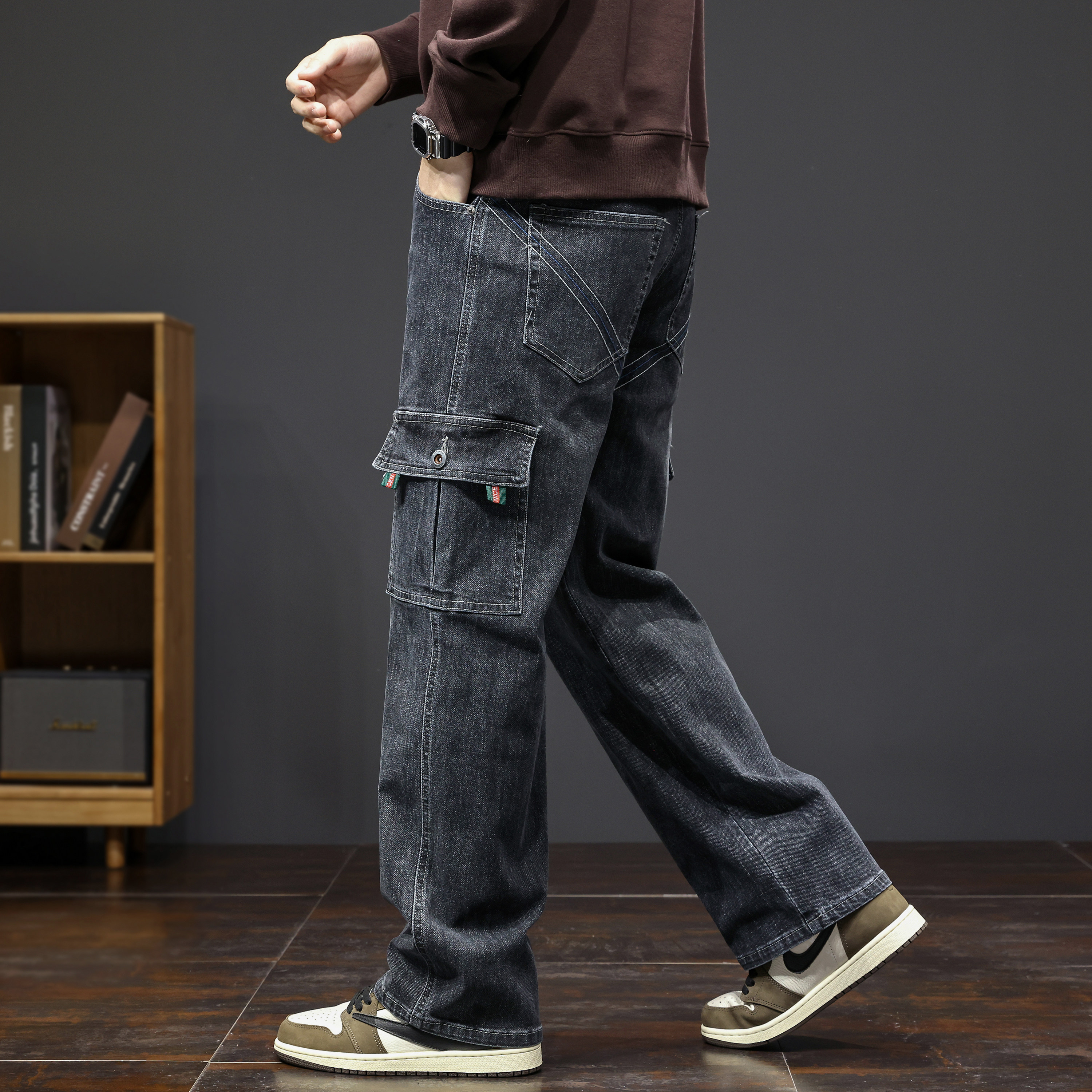 秋冬厚款工装牛仔裤男弹力宽松多口袋男士休闲直筒多兜大码阔腿裤,淘宝优惠券,粉丝福利购,淘宝优惠卷