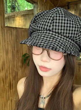复古日系文艺格纹小众云朵帽女夏季轻薄显脸小帽子可爱小熊八角帽