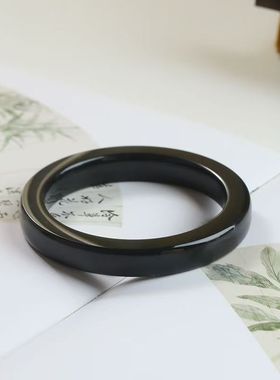 正品新疆和田玉黑青玉手镯女细条方条手镯天然玉镯子玉石旺夫镯