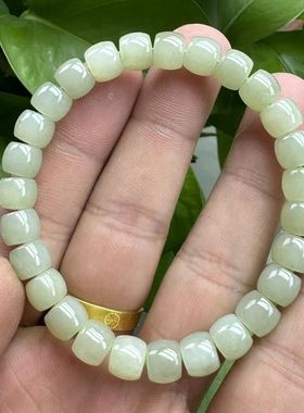 天然和田玉晴水老型珠手串女款直切老型桶珠手链单圈玉石手饰