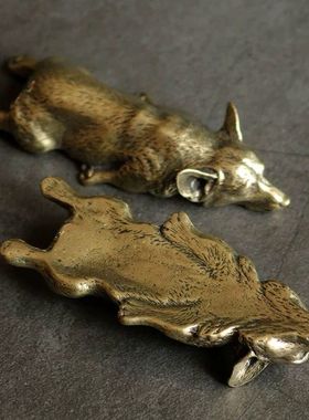 实心纯铜柯基犬摆件古玩茶宠办公桌面居家客厅饰品工艺品手把玩件