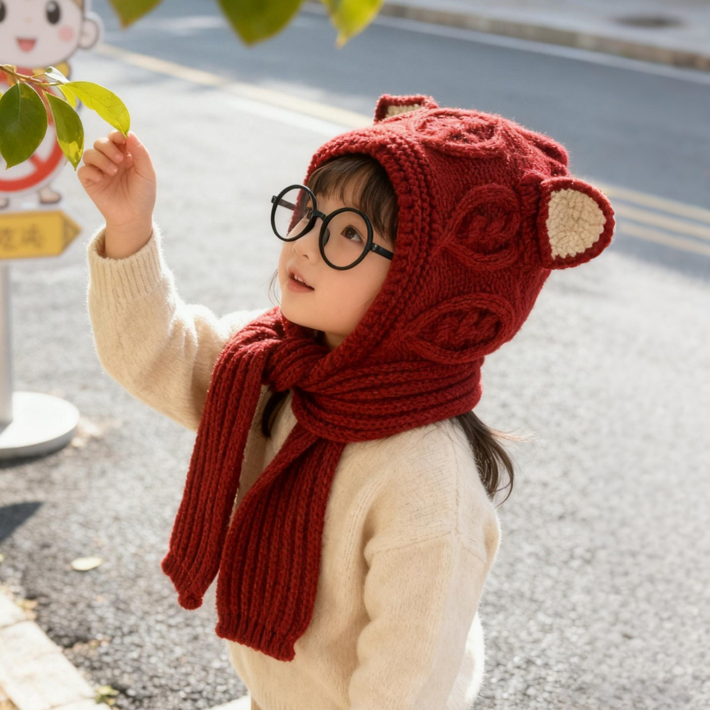 儿童帽子冬季围巾一体帽女童国风新年红帽男童加厚保暖针织毛线帽,淘宝优惠券,粉丝福利购,淘宝优惠卷