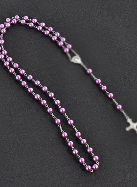 跨境欧美仿珍珠十字架念珠长款手工项链吊坠男女通用质感毛衣链