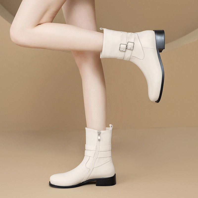 真皮低跟短靴女2025秋冬新款复古中跟女靴百搭马丁靴白色骑士靴,淘宝优惠券,粉丝福利购,淘宝优惠卷