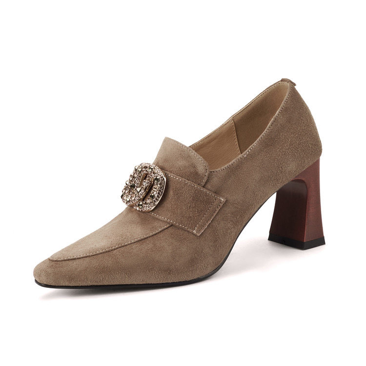 真皮尖头粗跟单鞋女2026新款复古羊反皮女鞋百搭水钻深口高跟鞋,淘宝优惠券,粉丝福利购,淘宝优惠卷