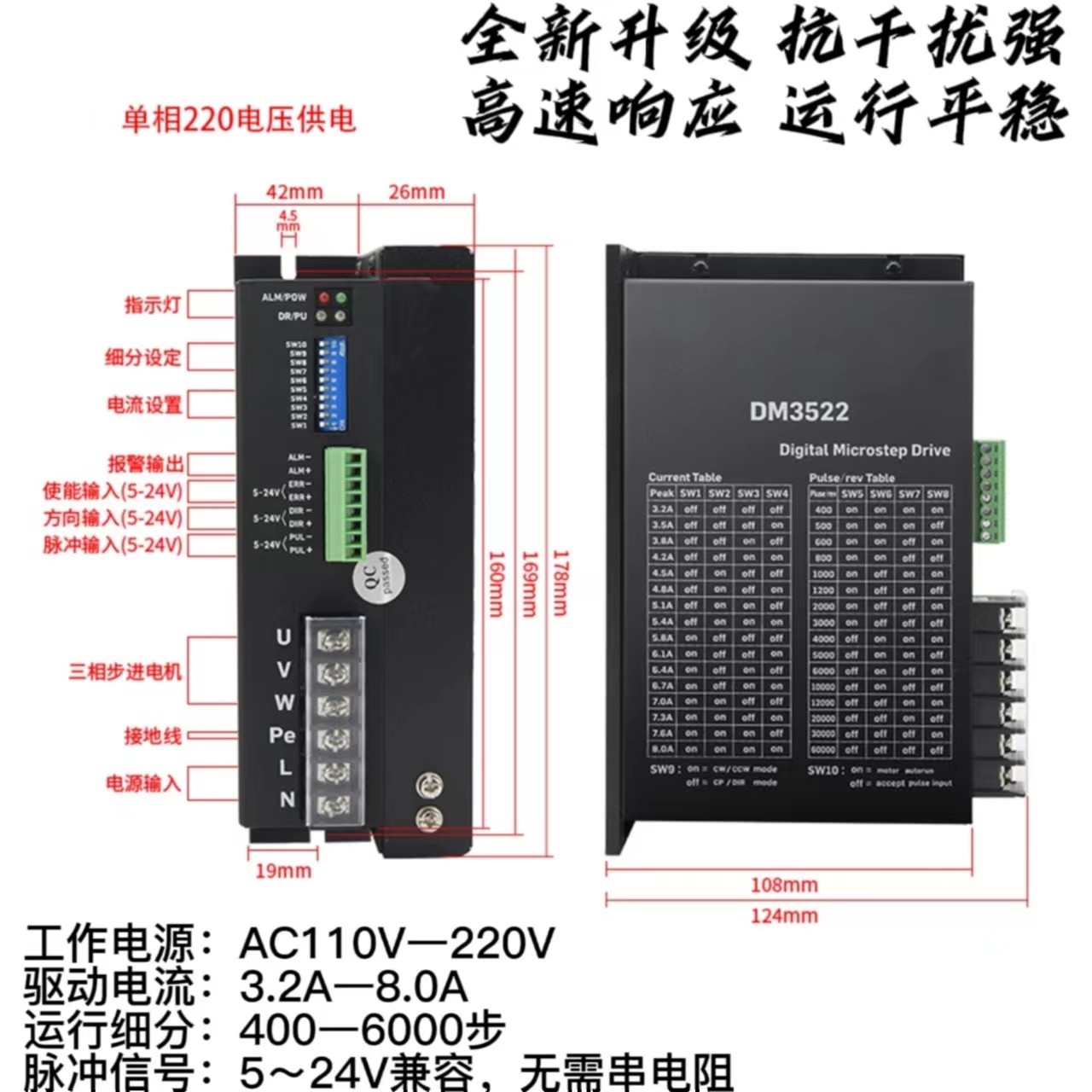 110步进电机套装12N/16N大扭矩三相220V 8A驱动DM3522带刹车 - 图3