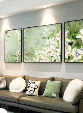 网红北欧风花卉客厅装饰画现代肌理感沙发背景墙壁画绿色植物三联