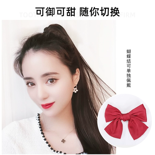 Парик, хвостик, заколка-крабик с косичкой с бантиком изготовленная из настоящих волос, прямые волосы, длина миди