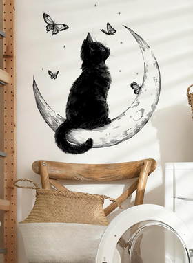 黑色月亮猫咪墙贴出租屋家居贴画