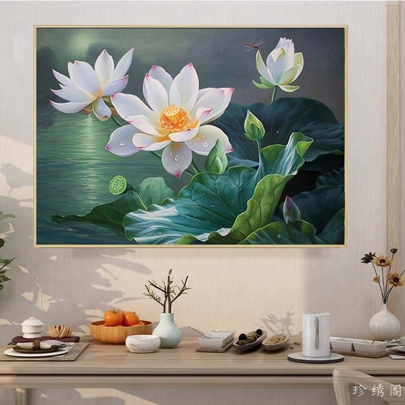 5d荷花图钻石画2026年新款满钻荷塘月色粘点贴钻十字绣餐厅砖石画,淘宝优惠券,粉丝福利购,淘宝优惠卷