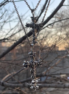 主师原创暗黑系纯银朋克风十字架骷髅骨架纯手工s925项链吊坠