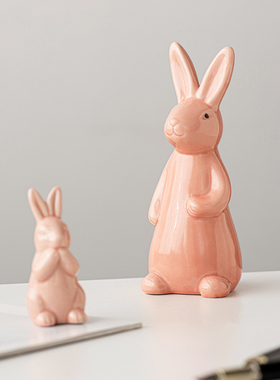 复活节兔子造型跨境热卖粉色可爱兔子派对家居装饰陶瓷工艺品摆件