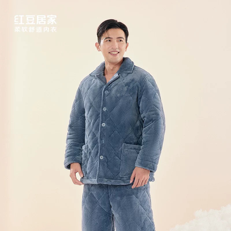 红豆品牌门店冬季夹棉睡衣男女三层夹棉加厚珊瑚绒保暖家居服套装