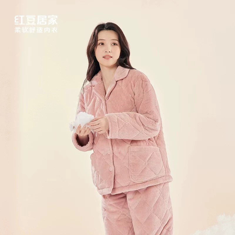红豆品牌门店冬季夹棉睡衣男女三层夹棉加厚珊瑚绒保暖家居服套装