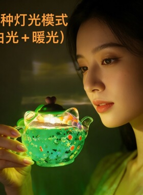 创意卡通小夜灯茶壶摆件入油漂浮碎碎冰流沙摆件桌面解压装饰礼品
