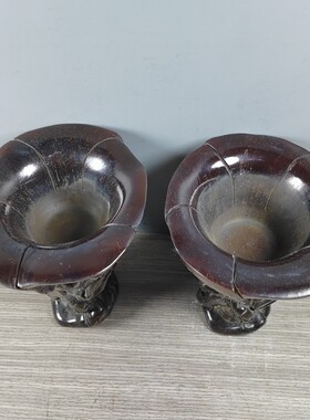 古玩杂项古董老货纯手工雕刻人物图老牛角杯明清旧物件收藏一对