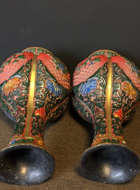 旧藏清代剔红漆器瓶一对 纯手工漆器彩绘富贵花花瓶摆件一对