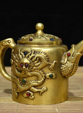古玩铜器收藏黄铜龙凤嘴茶壶酒壶百福水杯家居茶道工艺品摆件