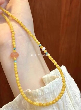 天然蜜蜡鸡油双圈女款黄色绿松石多宝南红手链双圈琥珀小米收藏级