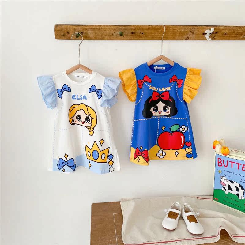 白雪公主艾莎公主女童撞色小飞袖连衣裙短袖中长款裙子薄2024夏季,淘宝优惠券,粉丝福利购,淘宝优惠卷