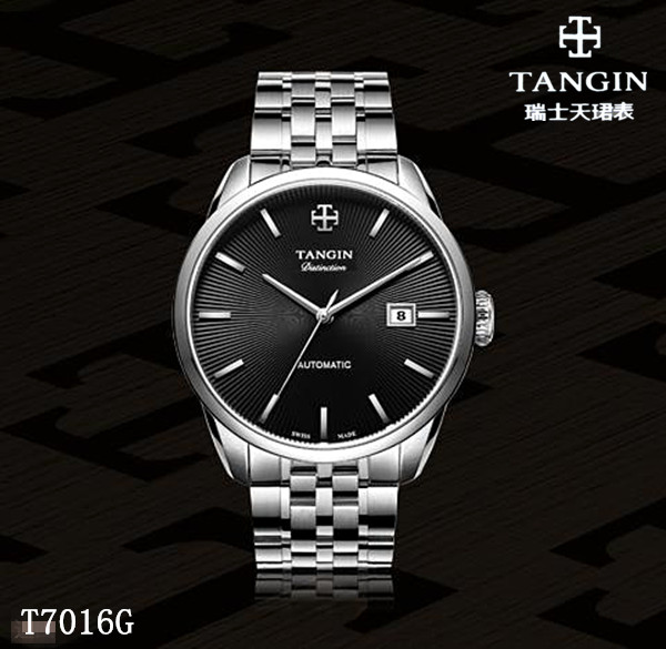 天珺tangin手表男 商务防水真皮带全自动机械表天骏7015蓝宝石