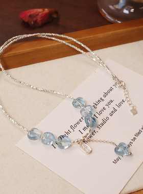 天然海蓝宝项链托帕石原创设计高级感爱心吊坠纯银锁骨链不掉色