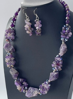 跨境欧美紫色项链套装天然石手工小众饰品两件套耳环套装