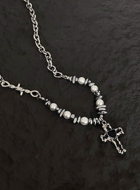 y2k珍珠拼接钛钢项链十字架吊坠百搭个性锁骨链潮流中性配饰嘻哈