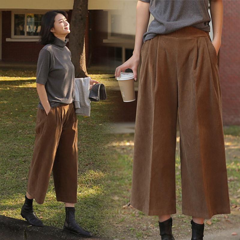 日韩灯芯绒松紧腰宽松阔腿裤女春秋百搭高腰气质七八分裤休闲裤女 - 图0