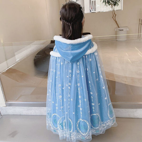 爱莎公主披风冰雪奇缘女童秋冬新款艾莎披肩爱沙儿童冬季斗篷加绒