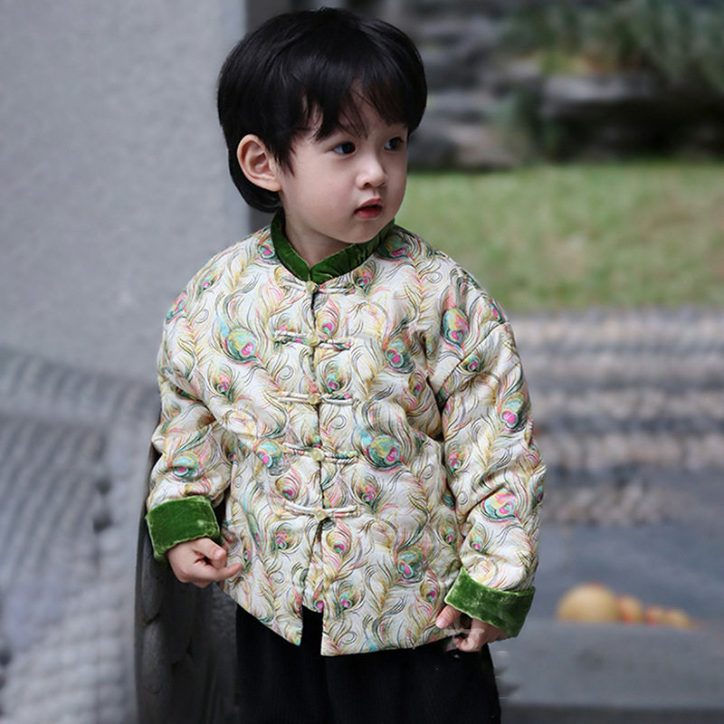 男童唐装新年装薄棉冬季儿童中国风汉服女童中式周岁丝绒上衣唐装 - 图0