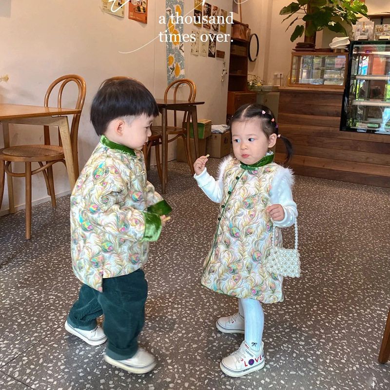 男童唐装新年装薄棉冬季儿童中国风汉服女童中式周岁丝绒上衣唐装 - 图2