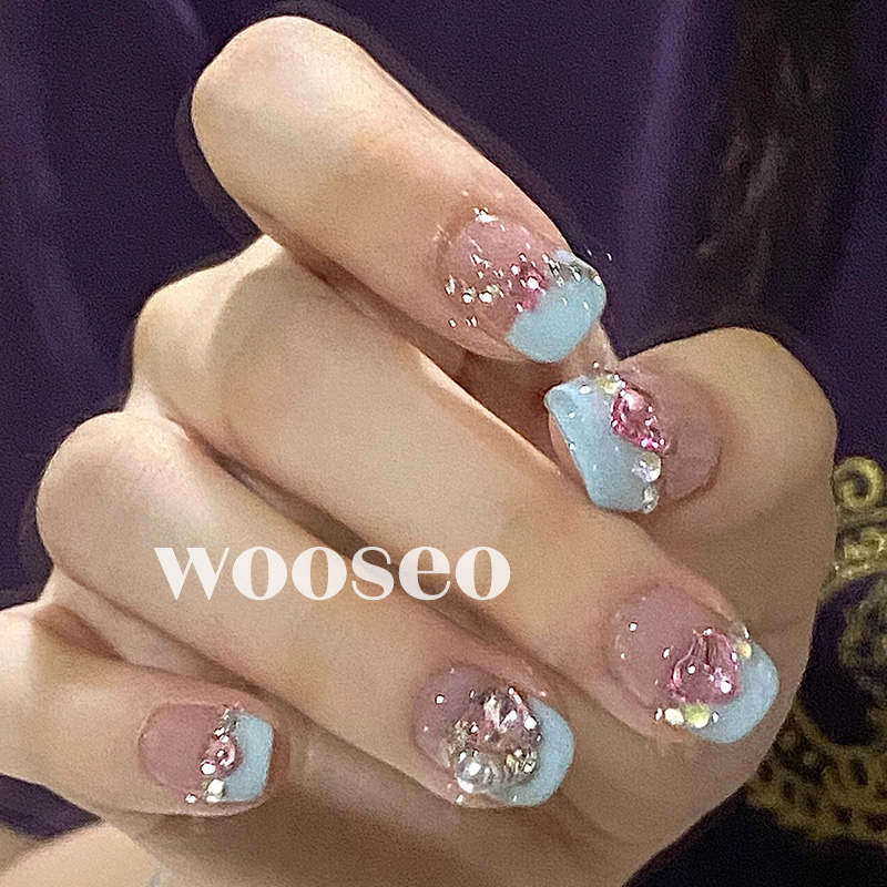 蓝色美甲穿戴甲短款高级感纯手工定制短戴甲2025新款法式指甲贴片 - 图1