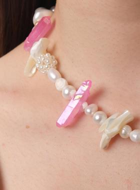 GetEmON原创高级感好运小众珍珠白水晶原石拼接男女串珠锁骨项链