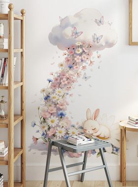 云朵洒花背景墙面装饰贴画卡通兔子花瓣可移除跨境热销贴纸