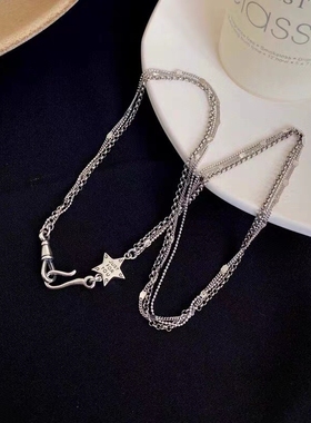 韩国东大门S925纯银五星多层项链新款拼接做旧时尚ins冷淡风