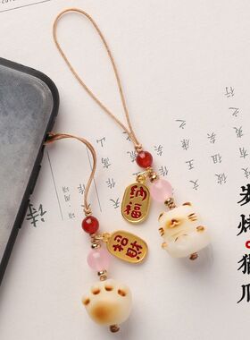 白菩提根炭烧猫爪招财猫手机链挂绳吊坠可爱女手机壳钥匙扣挂件