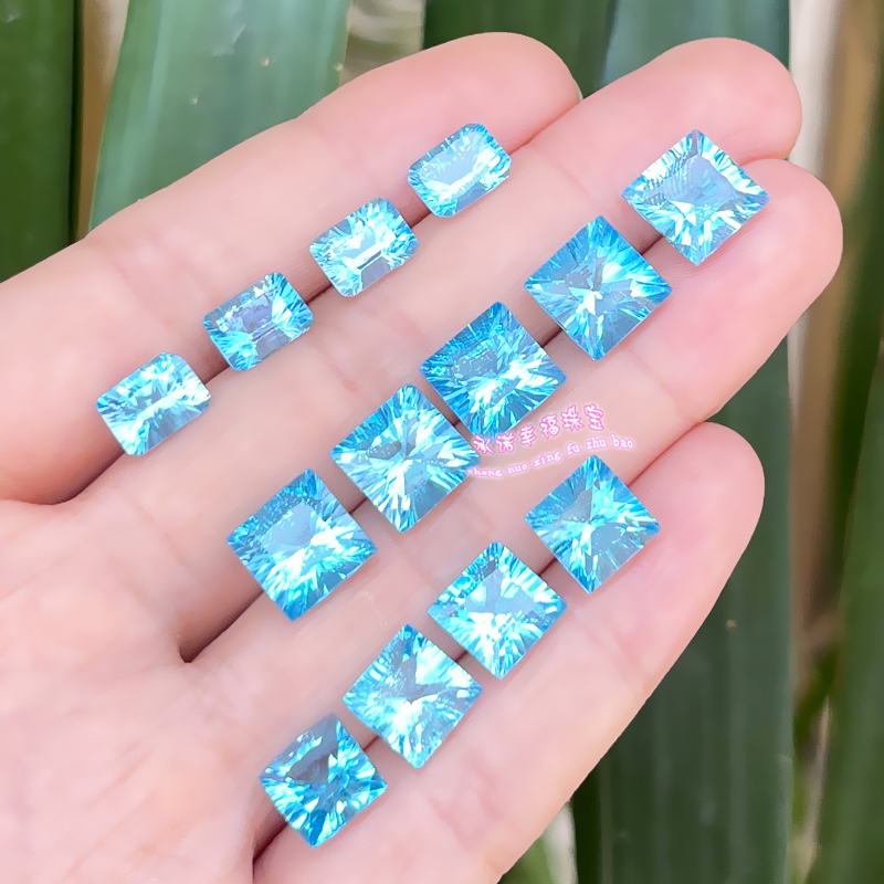 天然托帕石裸石戒面 千禧工方形8MM9MM 长方6*8瑞士蓝托帕石原石 - 图0