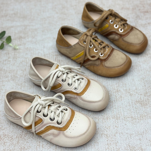 First-layer cowhide color-blocked lace-up moral training women's shoes