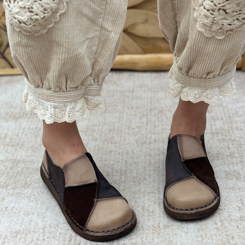 丑乐复古手工真皮拼色乐福鞋女一脚蹬软底女鞋子平底休闲鞋豆豆鞋,淘宝优惠券,粉丝福利购,淘宝优惠卷