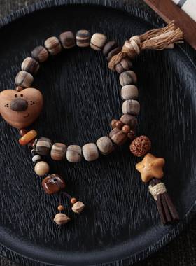 原创设计沉香贡木妖花桶珠手链搭配咖啡豆爱心芭比檀星星文玩手串
