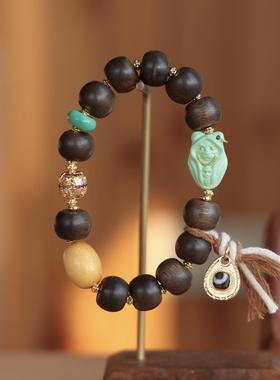白奇楠桶珠搭配菱镁矿法老猫牛骨桶珠纯铜镶天珠牌手链文玩手串