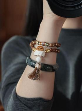 原创库克大肠手链搭配鹿角根付幽灵猫牛骨小熊文玩佛珠挂饰