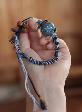 海蓝流体大漆精工手绳搭配天然白水晶手工编织手绳手链文玩配饰品