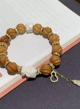 老山檀扭扭珠手串搭配高瓷驼骨佛手醒狮宝宝铜鎏金配件单圈手链ly