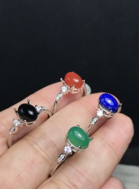 A074天然青金石/玉髓6*8宝石戒指活口可调节白铜托非纯银托ZC成品
